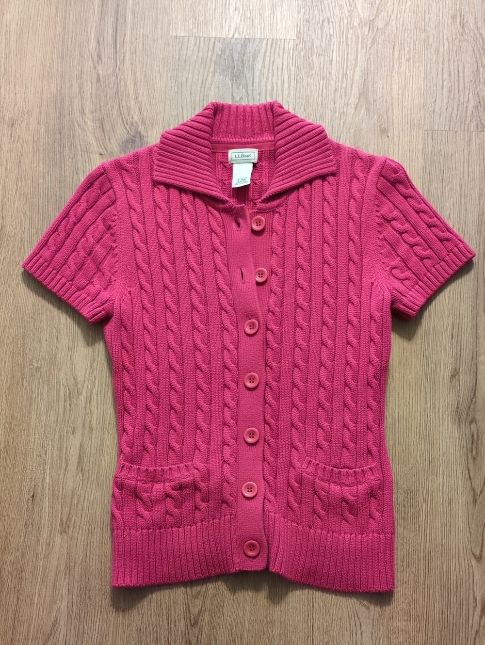 L.L. Bean Hot Pink Cable‑Knit Short Sleeve Cardigan